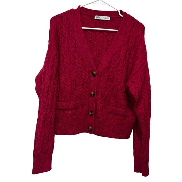 Zara Fuchsia Pink Cable Knit Button-Down Women's Cardigan Sweater Size S - Picture 1 of 9